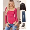 imageAvidlove Womens Square Neck Mesh Long Sleeve Bodysuit Shirts Ruched Body Suit Sexy Sheer Tops Date Night OutfitRose Red