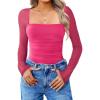 imageAvidlove Womens Square Neck Mesh Long Sleeve Bodysuit Shirts Ruched Body Suit Sexy Sheer Tops Date Night OutfitRose Red