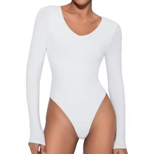 imageAvidlove Bodysuits for Women Long Sleeve V Neck Body Suit Bodysuit Double Lined Thong Body Suits Sexy TopsB White