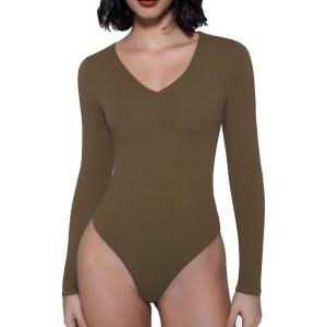 imageAvidlove Bodysuits for Women Long Sleeve V Neck Body Suit Bodysuit Double Lined Thong Body Suits Sexy TopsBrown