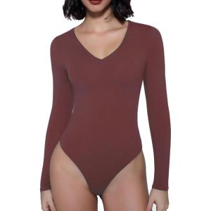 imageAvidlove Bodysuits for Women Long Sleeve V Neck Body Suit Bodysuit Double Lined Thong Body Suits Sexy TopsDeep Purple Red