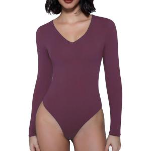 imageAvidlove Bodysuits for Women Long Sleeve V Neck Body Suit Bodysuit Double Lined Thong Body Suits Sexy TopsPurple