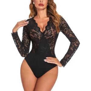 imageAvidlove Lace Bodysuit for Women Sexy Long Sleeve V Neck Body Suits Going Out Tops Snap Crotch One Piece Teddy LingerieBlack