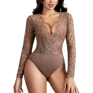 imageAvidlove Lace Bodysuit for Women Sexy Long Sleeve V Neck Body Suits Going Out Tops Snap Crotch One Piece Teddy LingerieBrown