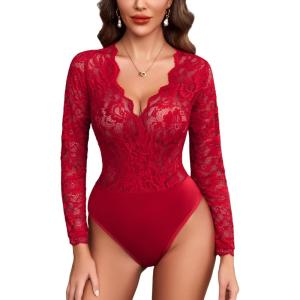 imageAvidlove Lace Bodysuit for Women Sexy Long Sleeve V Neck Body Suits Going Out Tops Snap Crotch One Piece Teddy LingerieBurgundy