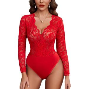 imageAvidlove Lace Bodysuit for Women Sexy Long Sleeve V Neck Body Suits Going Out Tops Snap Crotch One Piece Teddy LingerieRed
