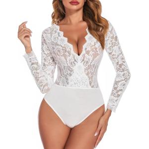 imageAvidlove Lace Bodysuit for Women Sexy Long Sleeve V Neck Body Suits Going Out Tops Snap Crotch One Piece Teddy LingerieWhite