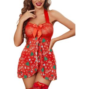 imageAvidlove Lingerie for Women Sexy Halter Lace Babydoll Dress Open Front Chemise Boudoir Nighty XS5XLChristmas Red