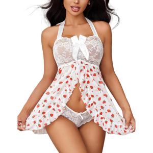 imageAvidlove Lingerie for Women Sexy Halter Lace Babydoll Dress Open Front Chemise Boudoir Nighty XS5XLStrawberry White