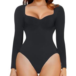 imageAvidlove Long Sleeve Bodysuits for Women Sexy Sweetheart Neck Going Out Outfits Double Lined BodysuitBlack