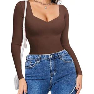 imageAvidlove Long Sleeve Bodysuits for Women Sexy Sweetheart Neck Going Out Outfits Double Lined BodysuitBrown
