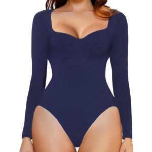 imageAvidlove Long Sleeve Bodysuits for Women Sexy Sweetheart Neck Going Out Outfits Double Lined BodysuitNavy Blue