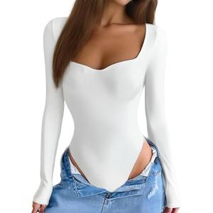 imageAvidlove Long Sleeve Bodysuits for Women Sexy Sweetheart Neck Going Out Outfits Double Lined BodysuitWhite