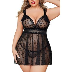 imageAvidlove Plus Size Lingeire for women Lace Babydoll Mesh Chemise Sexy Nightwear Sheer Nightie with Lace Up Bows L4XLBlack