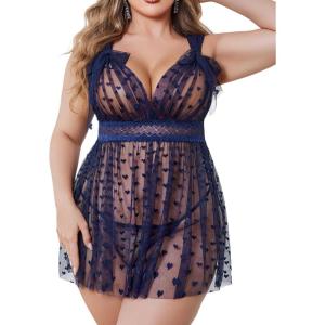 imageAvidlove Plus Size Lingeire for women Lace Babydoll Mesh Chemise Sexy Nightwear Sheer Nightie with Lace Up Bows L4XLDark Blue