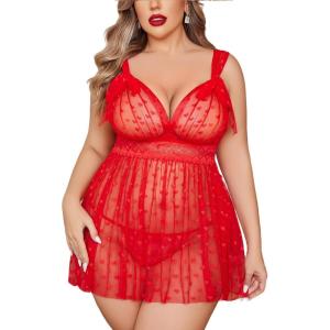 imageAvidlove Plus Size Lingeire for women Lace Babydoll Mesh Chemise Sexy Nightwear Sheer Nightie with Lace Up Bows L4XLRed