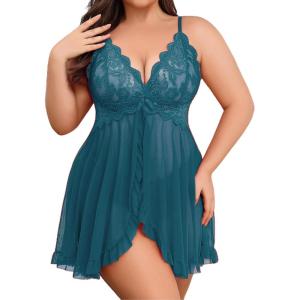 imageAvidlove Plus Size Lingerie for Women Sexy Lingerie Dress Lace Babydoll Lingerie VNeck Open Front Strap NightdressBlue Green