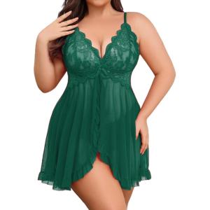imageAvidlove Plus Size Lingerie for Women Sexy Lingerie Dress Lace Babydoll Lingerie VNeck Open Front Strap NightdressGreen