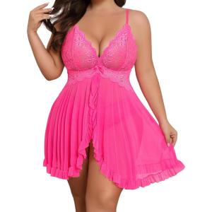 imageAvidlove Plus Size Lingerie for Women Sexy Lingerie Dress Lace Babydoll Lingerie VNeck Open Front Strap NightdressHot Pink