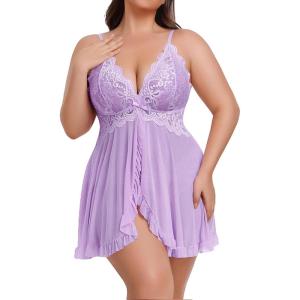 imageAvidlove Plus Size Lingerie for Women Sexy Lingerie Dress Lace Babydoll Lingerie VNeck Open Front Strap NightdressLilac