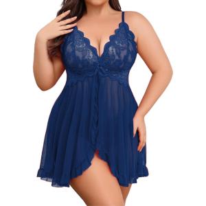 imageAvidlove Plus Size Lingerie for Women Sexy Lingerie Dress Lace Babydoll Lingerie VNeck Open Front Strap NightdressNavy Blue