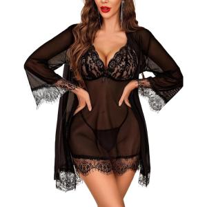imageAvidlove Sexy Lingerie for Women 3 Piece Lingerie Sets Lace Lingerie Robe Mesh NightgownBlack
