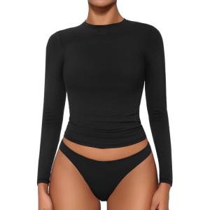 imageAvidlove Women Double Lined Basic Fitted T Shirts Long Sleeve Crew Neck Y2K Top with Underwear SXXLBlack