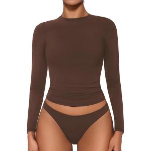 imageAvidlove Women Double Lined Basic Fitted T Shirts Long Sleeve Crew Neck Y2K Top with Underwear SXXLBrown