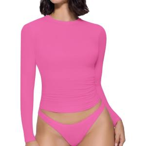 imageAvidlove Women Double Lined Basic Fitted T Shirts Long Sleeve Crew Neck Y2K Top with Underwear SXXLRose Red