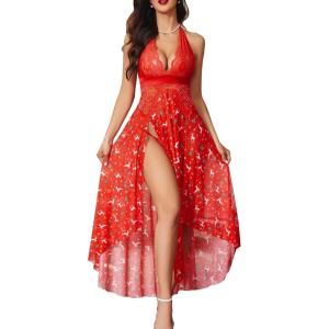 imageAvidlove Women Lingerie Deep V Neck Nightwear One Piece Sexy Nightgowns Mosaic Lace Mesh DressRed Christmas Print