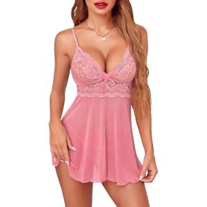 imageAvidlove Women Lingerie Lace Babydoll Strap Chemise Halter Teddy V Neck SleepwearCoral Pink
