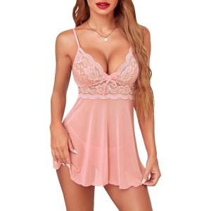 imageAvidlove Women Lingerie Lace Babydoll Strap Chemise Halter Teddy V Neck SleepwearPeach