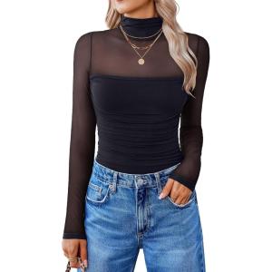 imageAvidlove Women Long Sleeve Bodysuit Turtle Neck Shapewear Body Suits Mesh One Piece Leotard Shirt Going Out Tops Fall OutfitsBlack