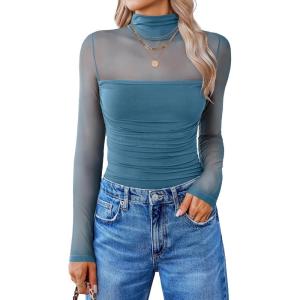 imageAvidlove Women Long Sleeve Bodysuit Turtle Neck Shapewear Body Suits Mesh One Piece Leotard Shirt Going Out Tops Fall OutfitsBlue Green