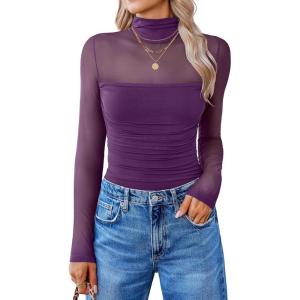 imageAvidlove Women Long Sleeve Bodysuit Turtle Neck Shapewear Body Suits Mesh One Piece Leotard Shirt Going Out Tops Fall OutfitsDark Purple