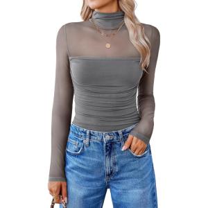 imageAvidlove Women Long Sleeve Bodysuit Turtle Neck Shapewear Body Suits Mesh One Piece Leotard Shirt Going Out Tops Fall OutfitsDeep Grey