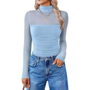 imageAvidlove Women Long Sleeve Bodysuit Turtle Neck Shapewear Body Suits Mesh One Piece Leotard Shirt Going Out Tops Fall OutfitsLight Blue