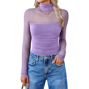 imageAvidlove Women Long Sleeve Bodysuit Turtle Neck Shapewear Body Suits Mesh One Piece Leotard Shirt Going Out Tops Fall OutfitsLilac