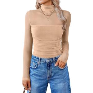 imageAvidlove Women Long Sleeve Bodysuit Turtle Neck Shapewear Body Suits Mesh One Piece Leotard Shirt Going Out Tops Fall OutfitsNude