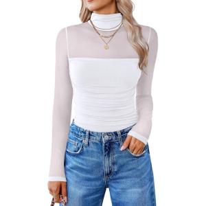 imageAvidlove Women Long Sleeve Bodysuit Turtle Neck Shapewear Body Suits Mesh One Piece Leotard Shirt Going Out Tops Fall OutfitsWhite