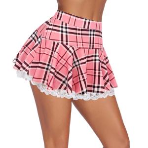 imageAvidlove Women Pleated Mini Skirt Sexy Lace Ruffle Solid Skirt Lingerie Short SkirtsPink Plaid