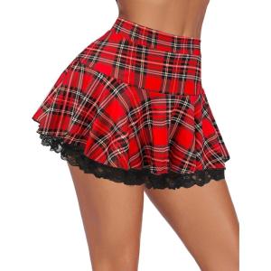 imageAvidlove Women Pleated Mini Skirt Sexy Lace Ruffle Solid Skirt Lingerie Short SkirtsRed Plaid