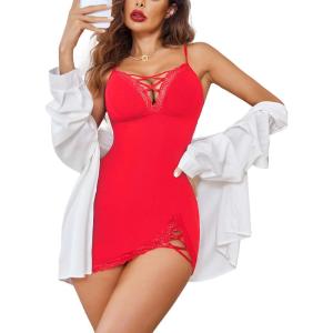 imageAvidlove Women Sexy Nightgown Lace Babydoll Chemises VNeck Modal Sleepwear Full Slip Side Slit Sleep Dress XSXXLRed
