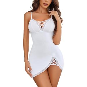 imageAvidlove Women Sexy Nightgown Lace Babydoll Chemises VNeck Modal Sleepwear Full Slip Side Slit Sleep Dress XSXXLWhite
