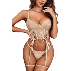 imageAvidlove Womens Lingerie 4 Piece Garter Lingerie Floral Lace Bra and Panty Sets with Underwire SXXLKhaki