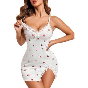 imageAvidlove Womens Lingerie Sexy Lace Babydoll V Neck Sleepwear Cotton Nightgowns for Women ChemiseCherry Print