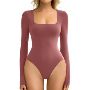 imageAvidlove Womens Long Sleeve Bodysuit Double Lined Square Neck Body Suit Tops Snap Closure SoftPurple Red