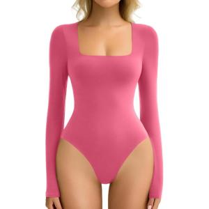 imageAvidlove Womens Long Sleeve Bodysuit Double Lined Square Neck Body Suit Tops Snap Closure SoftRose Red
