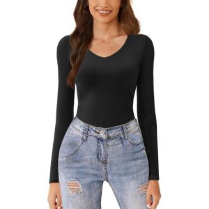 imageAvidlove Womens Long Sleeve Tops Sweetheart Neck Y2k Double Lined Bodysuit Top Fitted Basic Tee Going Out ShirtsBlack