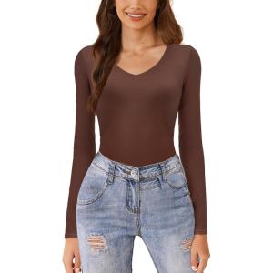 imageAvidlove Womens Long Sleeve Tops Sweetheart Neck Y2k Double Lined Bodysuit Top Fitted Basic Tee Going Out ShirtsBrown